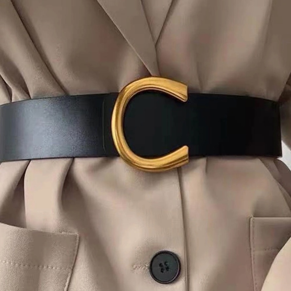 Vegan Leather Gold Tone C Buckle Belt